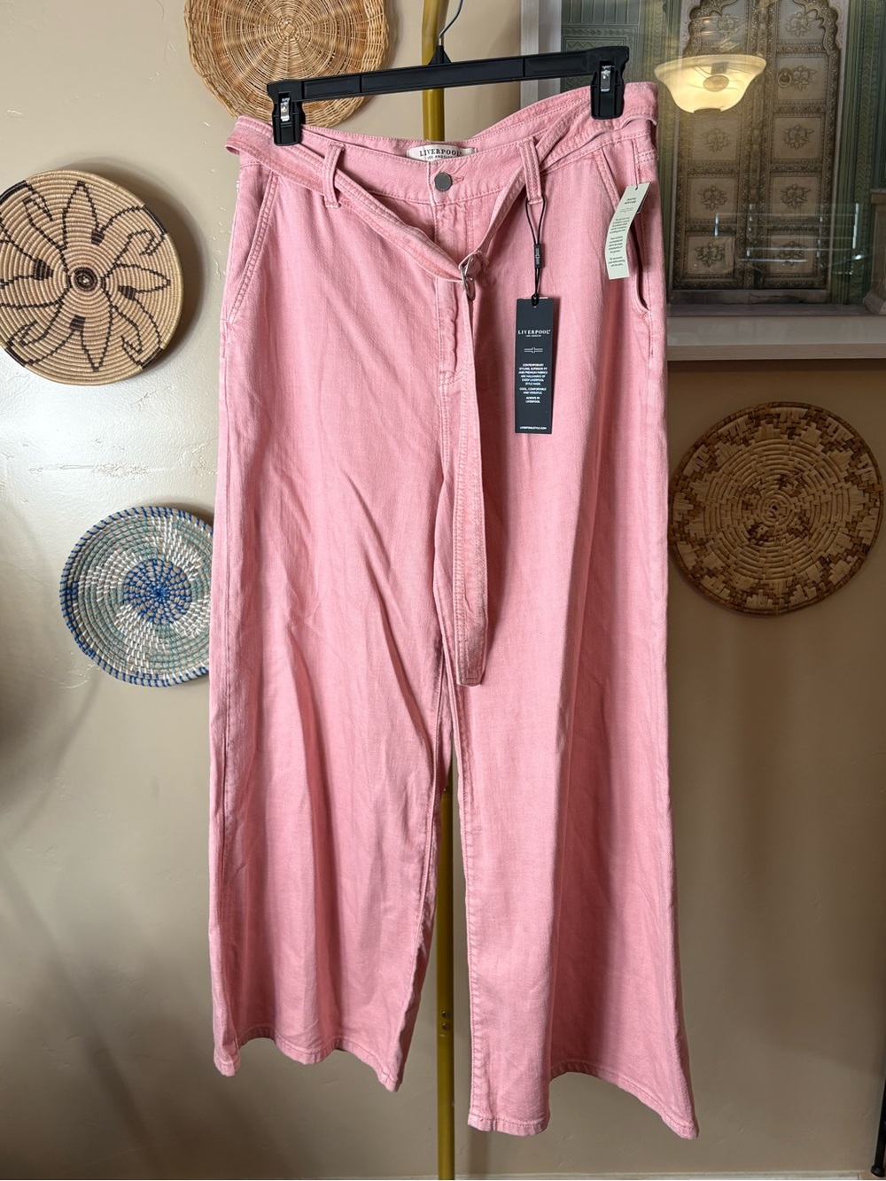 Liverpool Pink High-Rise Wide-Leg Pants with Self-Tie Belt